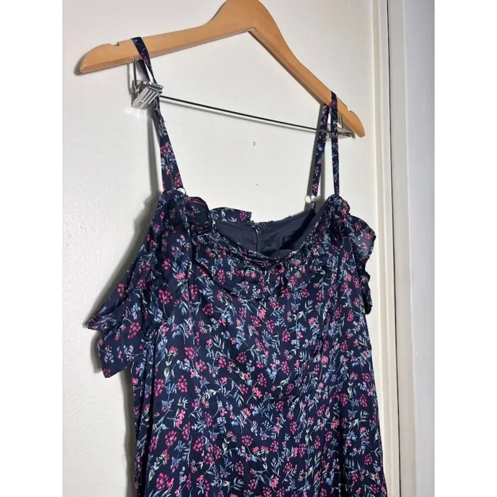 J. Crew Dress Wisp Womens sz 20 Navy Floral Midi Stretch Silk Slip Ruffle Detail